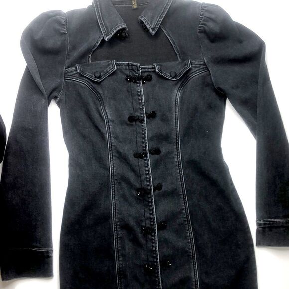 Urban Revivo Black Denim Long Jacket Button Front Corset Style Size M (US 8) - Picture 6 of 15